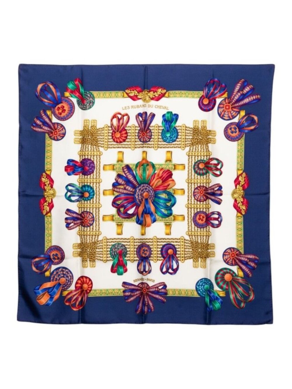 Hermes Carre 90 Les Rubans du Cheval Horse Ribbon Scarf Navy Multicolor Silk - Picture 1 of 8